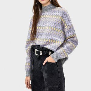 VGUC Berskha Mock Neck Argyle Patterned Pastel Gray Purple Sweater Size Small